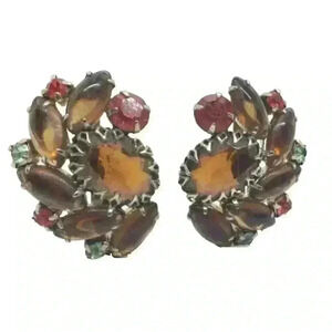 Vintage 60s Big Earrings Rhinestone Molded Glass Chunky Big Statement